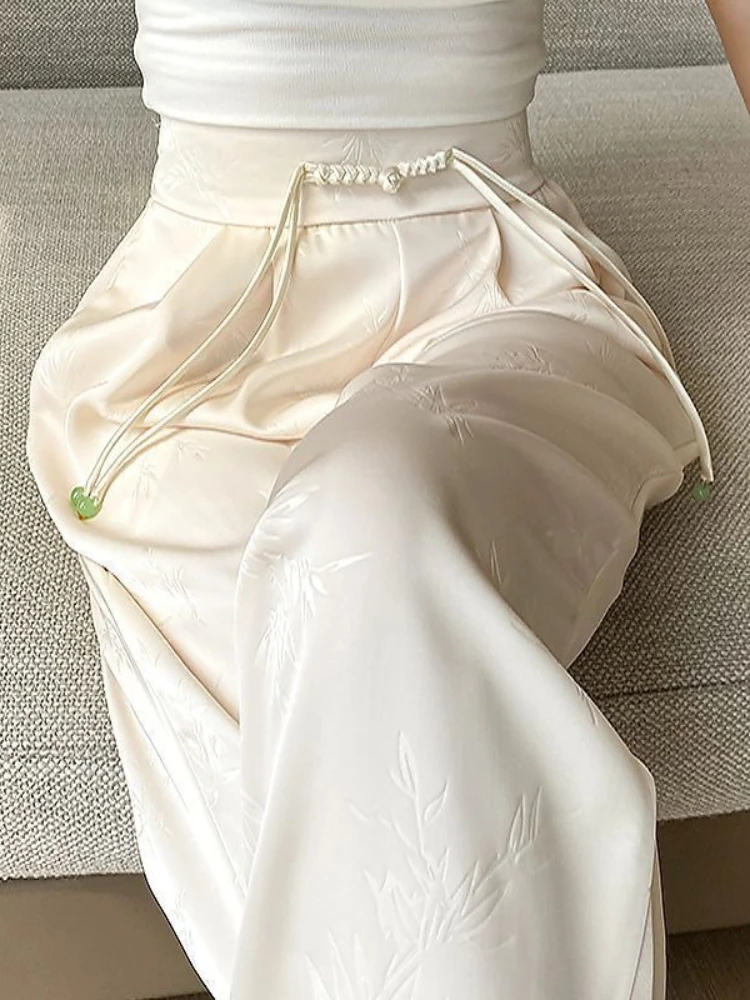 New Chinese Style Satin Jacquard Wide Leg Pants with Women's Buckle High Waist Casual and Fashionable Summer Pantsfashion Trend