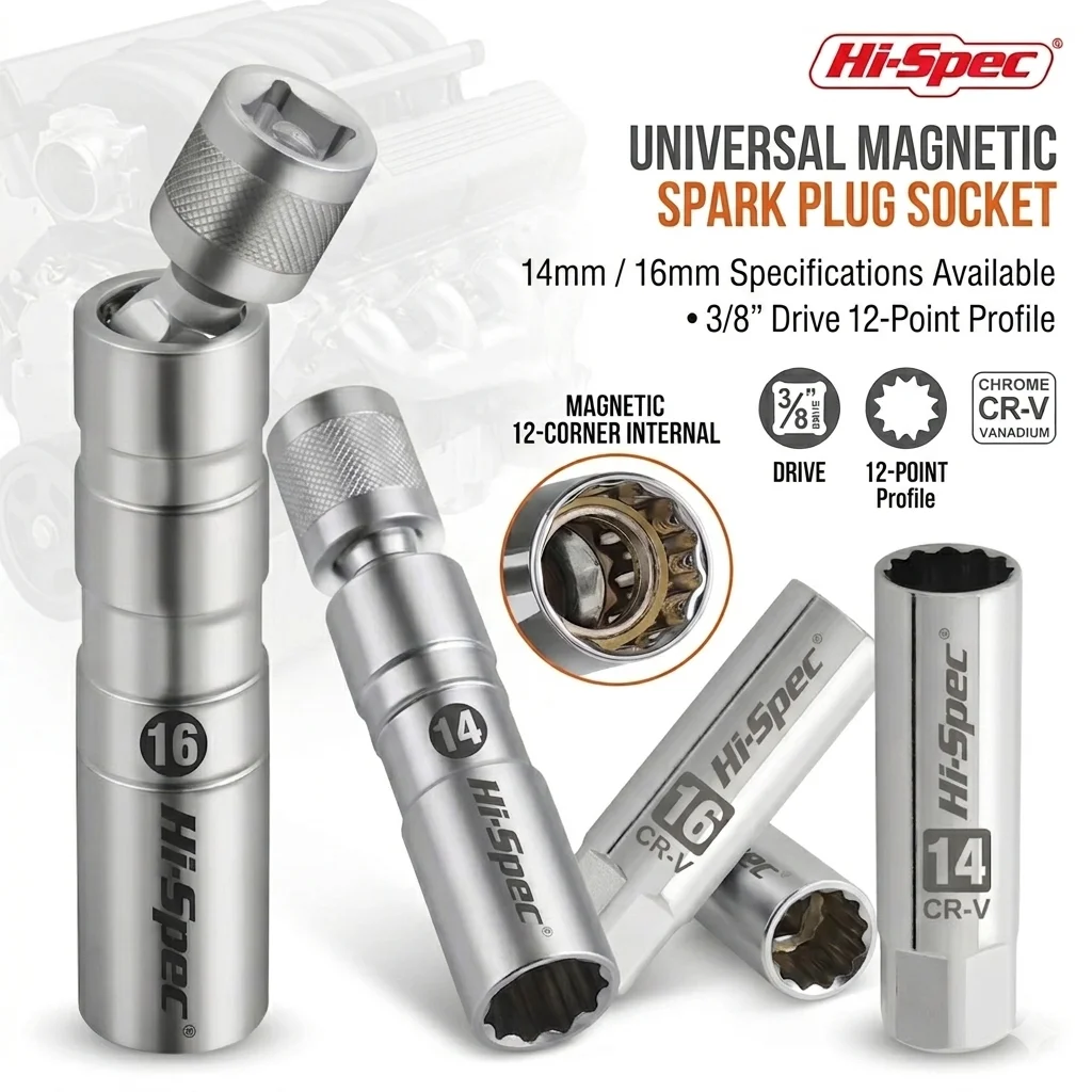 Magnetischer Universal-Zündkerzenschlüssel, 3/8-Zoll-Antrieb, dünnwandiges magnetisches Schwenkwerkzeug, flexibler 12-Punkt-Steckschlüssel für die Fahrzeugwartung