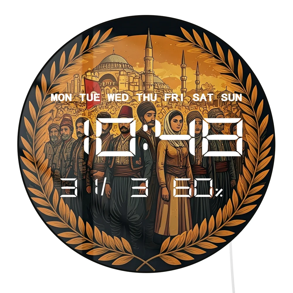 Turkey Turkish History LED Auto Dimming Digital Wall Clock Large Display Electronic Wall Clock with Date Calendar Temperature
