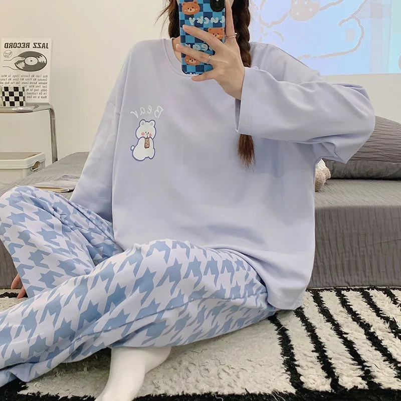 2024 New Cotton Cute Cartoon Pajamas Women Spring Autumn Sleepwear Long Sleeves Round Collar Loungewear Loose Homewear Suit