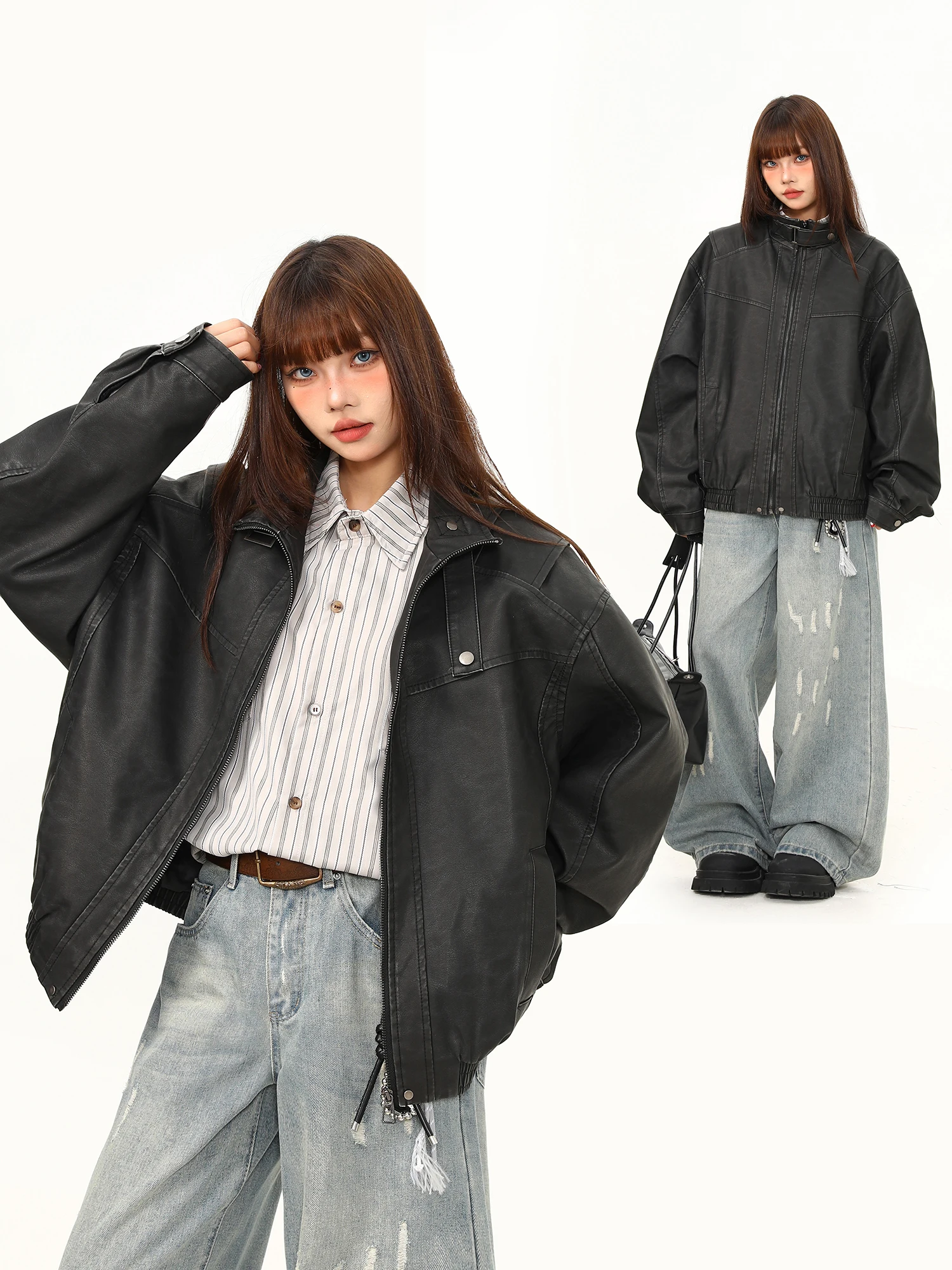 와일드 아지 아메리칸 스트릿웨어 스타일 믹스젠더 PU 레더 재킷 헤비웨이트 디컨스트럭티드 패치워크 모터사이클 아우터웨어