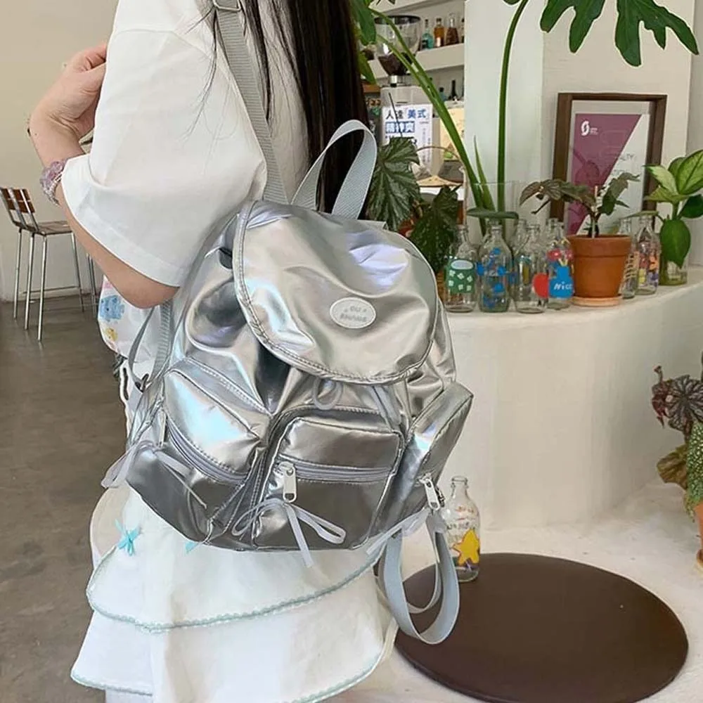 

Travel Sweet Korean Drawstring Backpack Large Capacity Plaid Women Daily School Bag Polyester Bow Silver PU Daypack Students