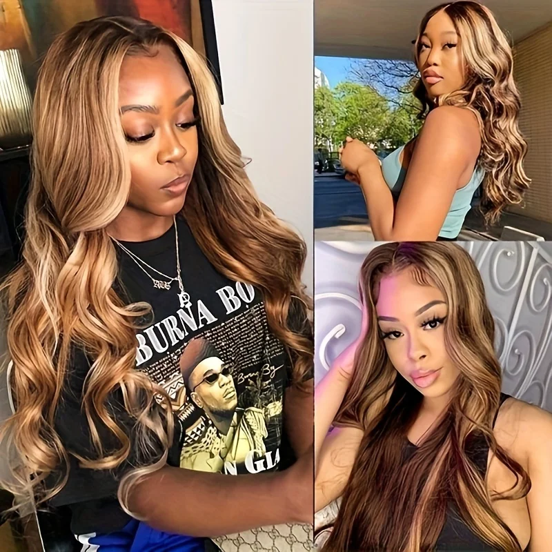 

4/27 Highlight Body Wave Wig 4x4 Lace Frontal Wig Body Wavy Human Hair Wig Honey Brown Lace Front Wigs 200% Density