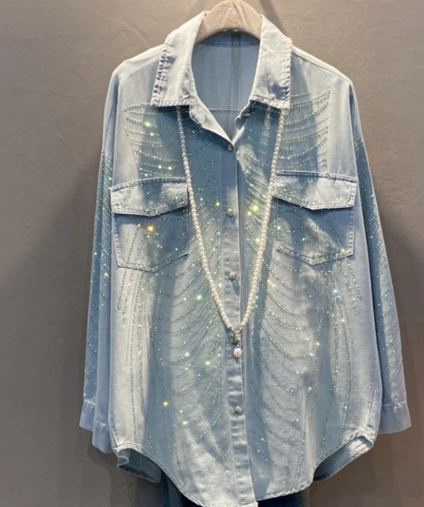 2024 Spring New Streetwear Rhinestone Pocket Denim Shirt Roupas Femininas Loose Long Sleeve Mid-length Jean Tops Blusa Feminina