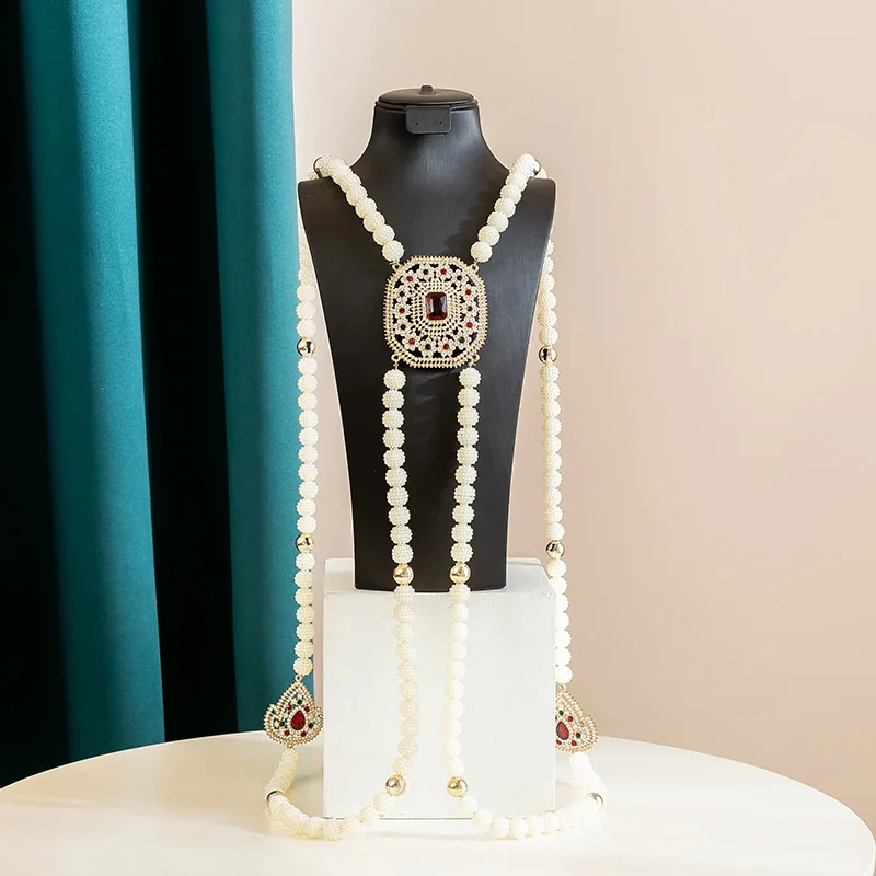 

Bridal Body Chain: Pearl & Red Gem Filigree Design, Elegant Wedding Accessory