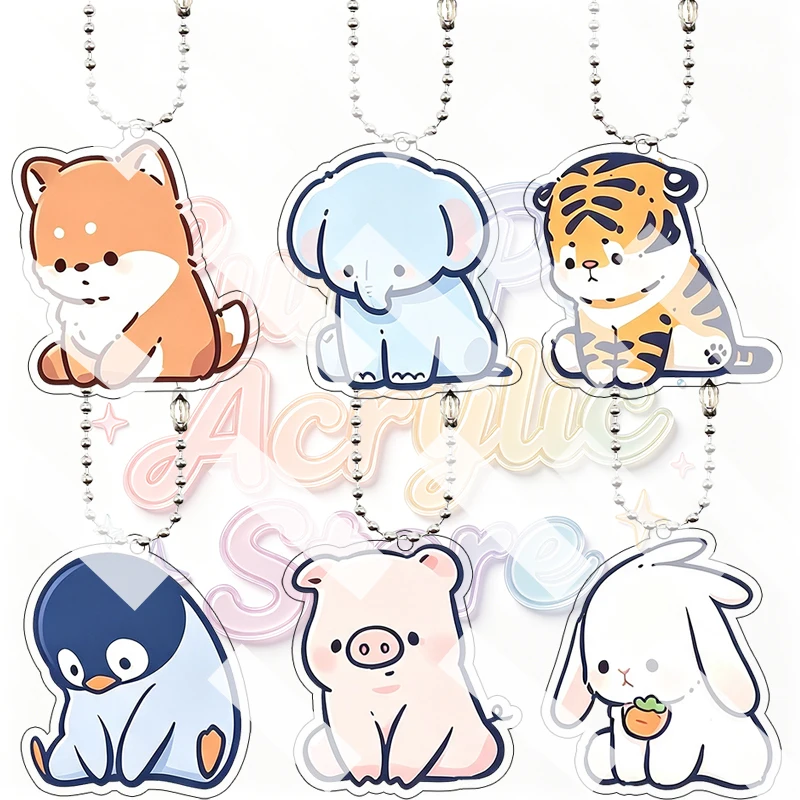 Cute Cartoon Animal Acrylic Keychain Pendant Anime Q Version Accessory Charms Tiger Rabbit Penguin Backpack Ornament Gift Ring