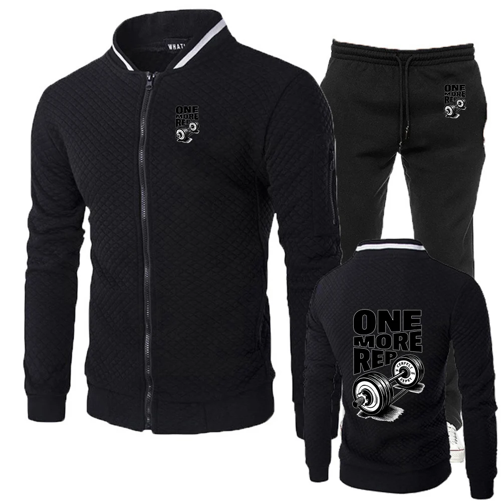 

2026 Gym Workout ONE MORE REP Weightlifting Spring And Autumn Fashion Men's New Silm Fit Zipper Jacket+Long Pants Sports Suit