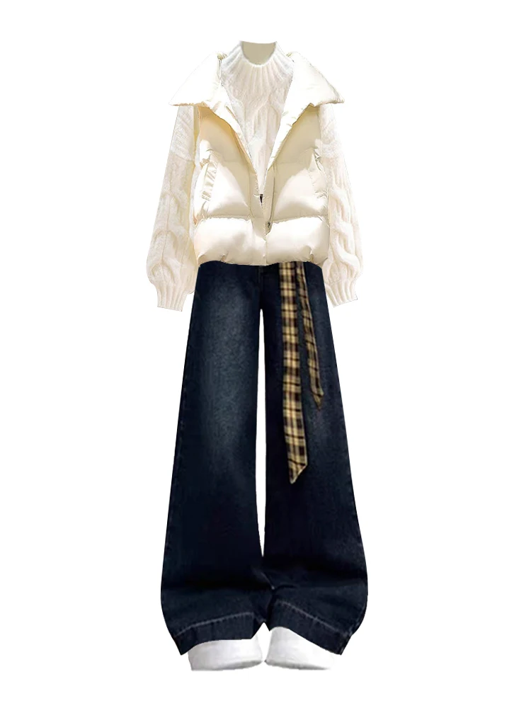 Korean Sle Women's Autumn Winter Knitted Sweater Vest Jeans Tee Piece Set High Waist Long Pants Plaid Pattern Faion Ens...