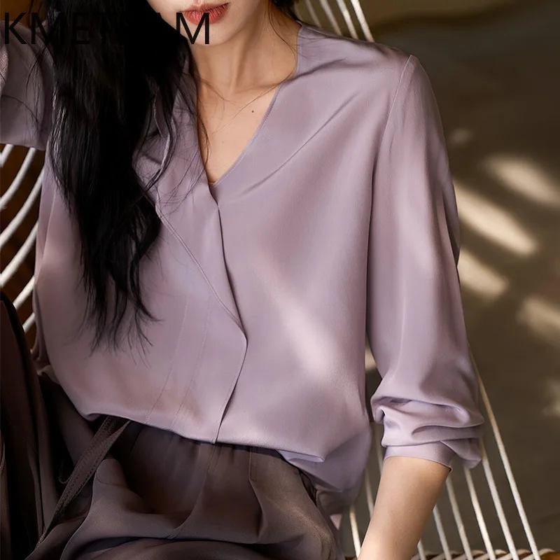 KMETRAM 100% Mulberry Silk Spring Tops for Woman Elegant Purple V-Neck Shirts Casual Blouse Premium Women Clothes 2026 рубашка
