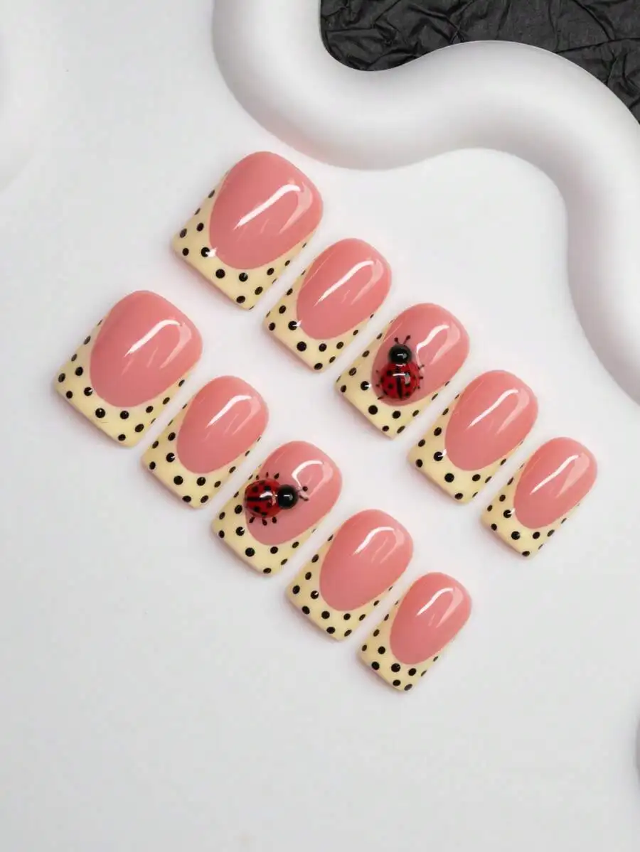 10pcs Square Handmade Nail Tips With Polka Dots And Ladybug Design, Nude Pink And Yellow French Style, Shiny For Party Daily