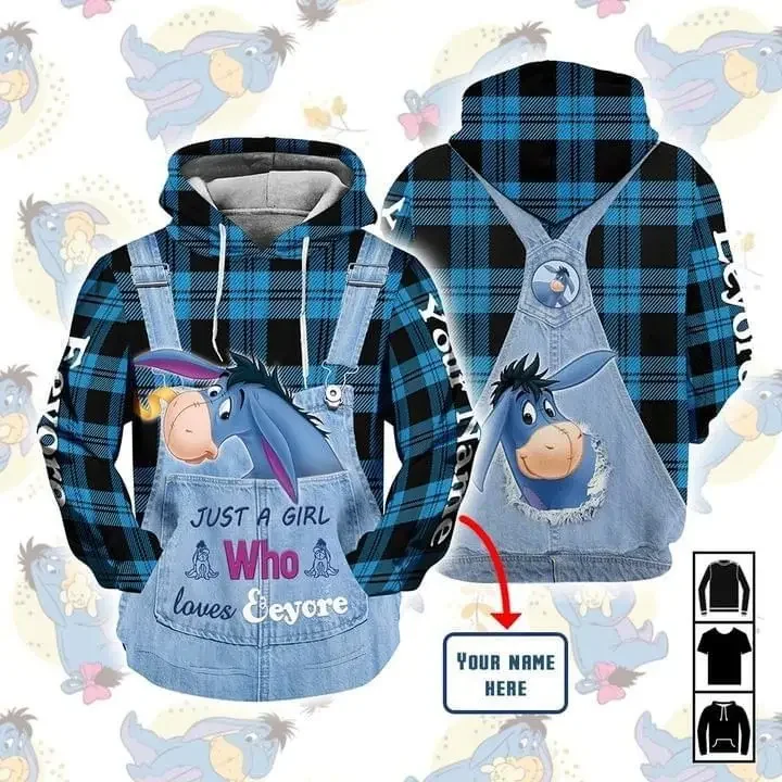 Eeyore Winnie the Pooh Unisex Cartoon Graphic Hoodie, 3D Zipper Hoodie, Nome personalizado, Moda, Retro