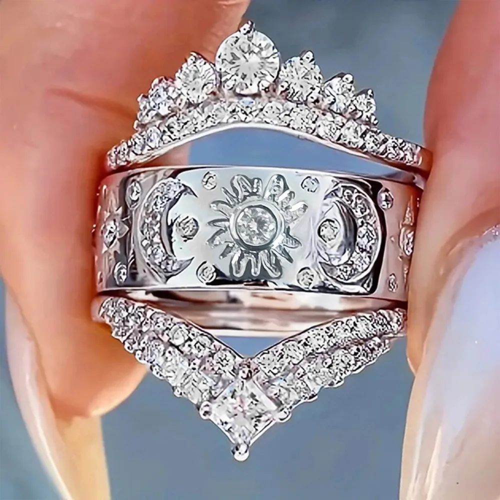 Temperament Luxury Court Style Crown Sun Moon 3-in-1 Micro-inlay 5A Zircon Rings for Women Bride Wedding Engagement Jewelry Gift