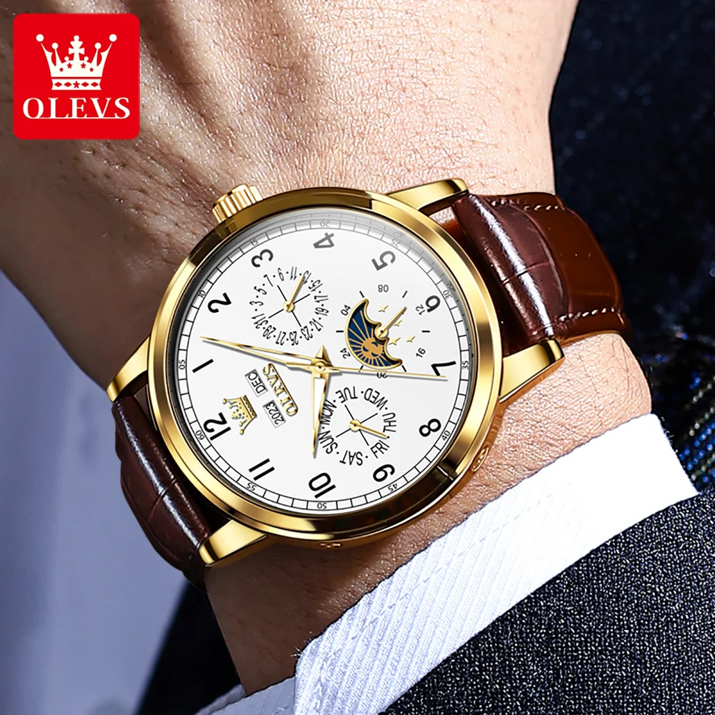 ساعات OLEVS للرجال كاجوال عصرية أصلية ساعة يد ميكانيكية أوتوماتيكية بتقويم كامل مقاومة للماء ومرحلة القمر المضيئة الجديدة #5