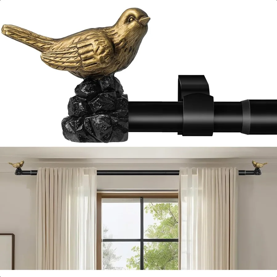 

Gold Curtain Rod 48 to 90 Inches Curtain Rods for Windows Adjustable Drapery Rod with Bird Finials Heavy Duty Curtain Rod for