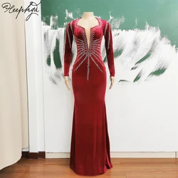 Full Sleeves Mermaid Long Formal Evening Dress Stunning 2024 Crystals Velour Floor Length Elastic Women Prom Party Gown