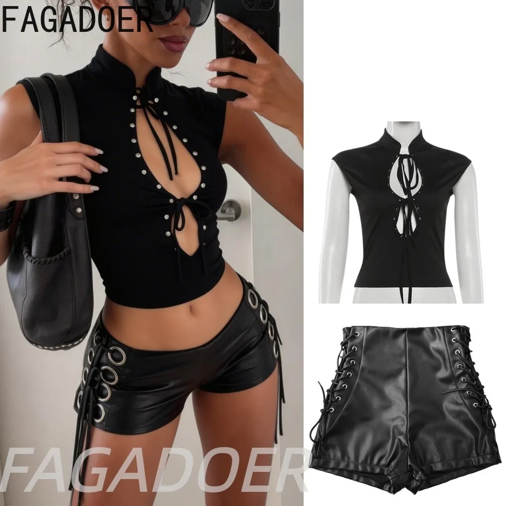 

FAGADOER women lace up hollow out two piece sets stand collar sleeveless top and leather shorts sets for women streetwear part