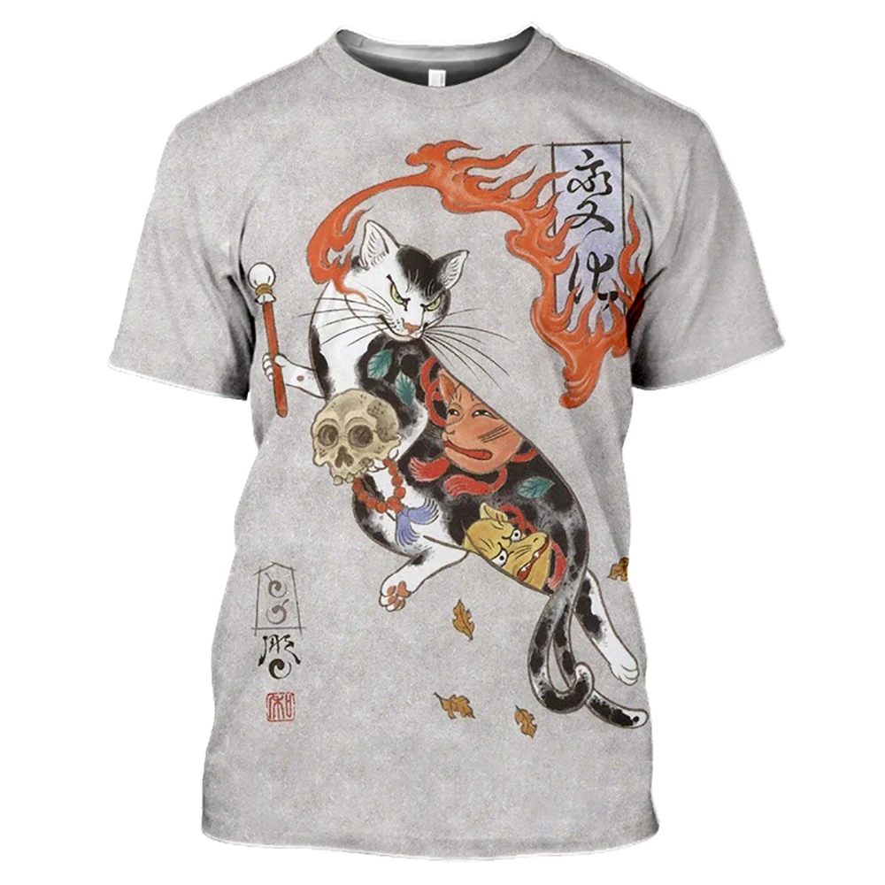 Summer Hot 3D Printed Japanese Tattoo Samurai Pattern Cat Men\'s T Shirt Retro Harajuku O Neck Short Sleeve Oversized Loose Top