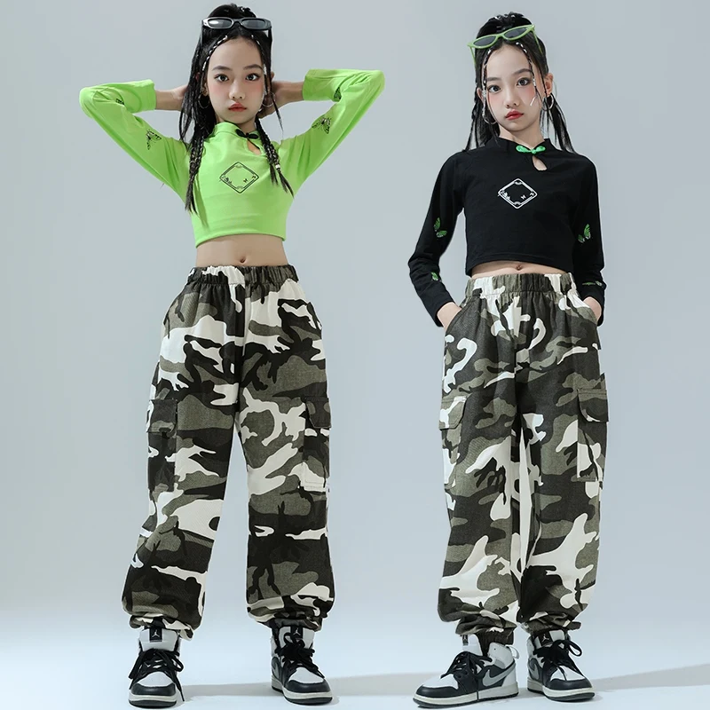 Girls Jazz Dance Clothes Long Sleeves Navel Tops Camouflage Trousers Kids Street Dance Kpop Hiphop Performance Costume BL16945