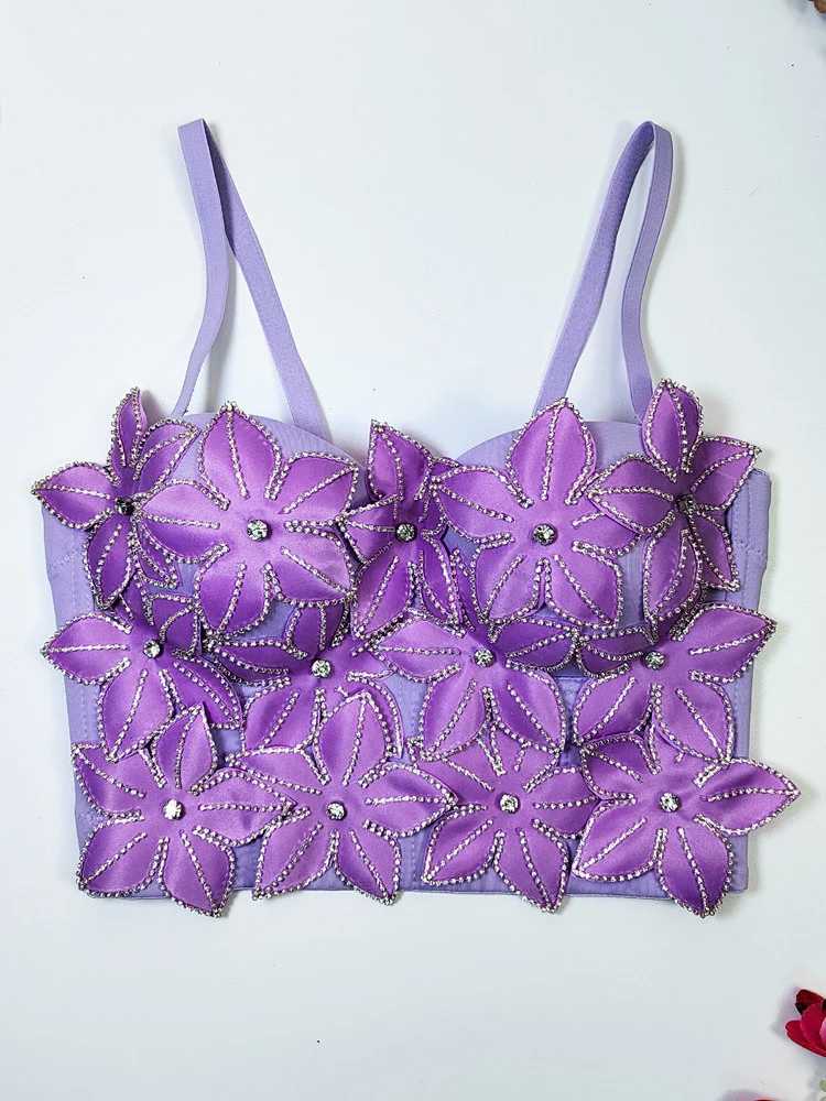 

Fashion Women's Bustier Slim 3D Flower Inlaid Diamond Fishbone Solid Color Short Tops Female Tide Summer 2023 New O454