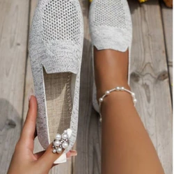 2024 Effen Kleur Vierkante Neus Mesh Loafers Ondiepe Vrouwen Flats Schoenen Zachte Onderkant Gebreide Ballet Flats Schoenen Casual Slip On Boot Schoenen