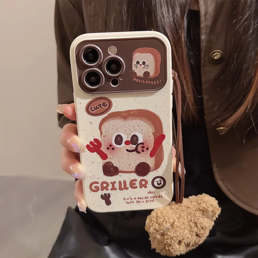 Cute Fun Toast Print Phone Case with Plush Bear Lanyard Phone Case For iPhone 16 15 Pro Max 12 13 Pro 14 11 XS 7 Plus Cover