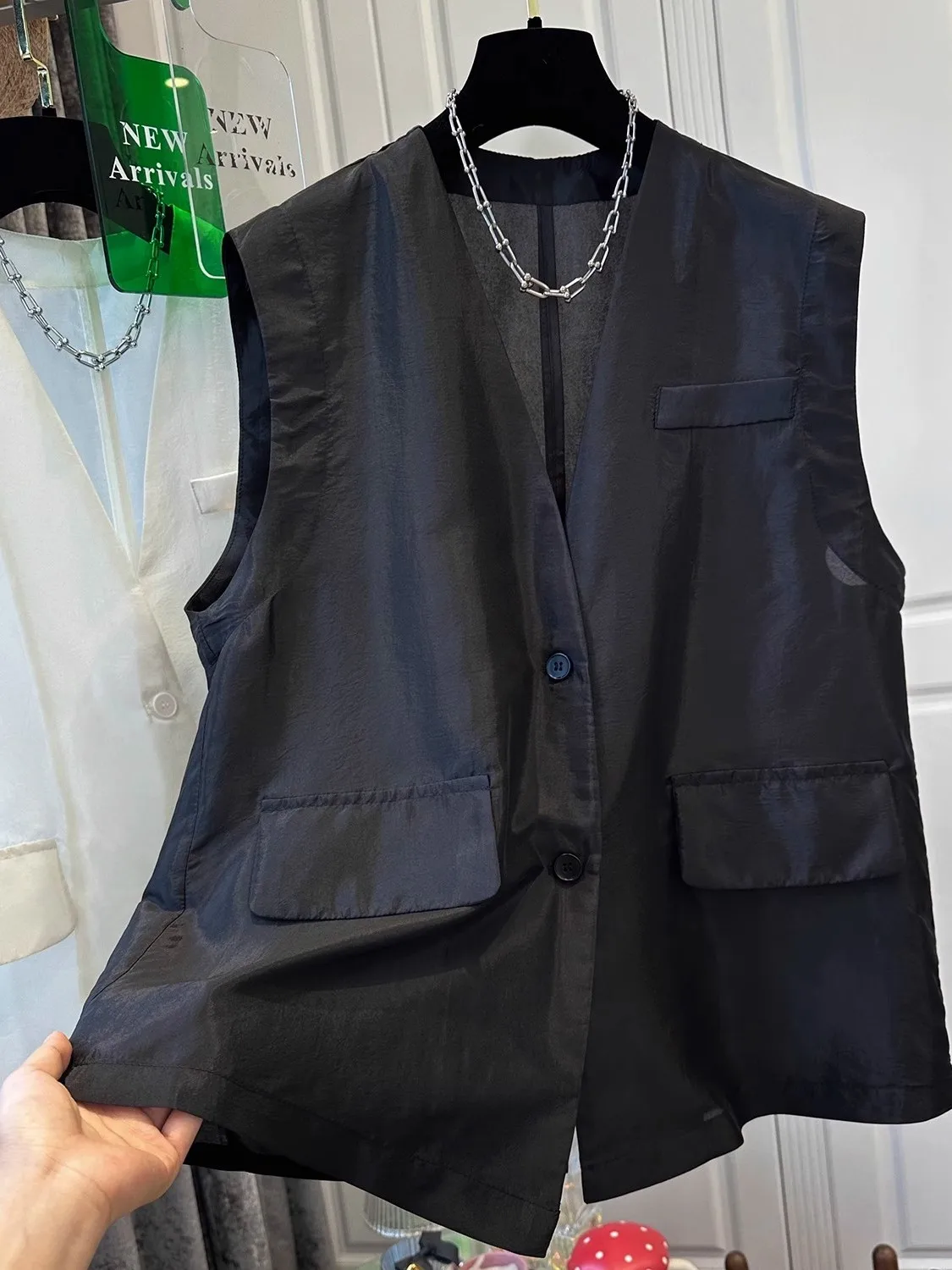 

Linen Silk Vest Outerwear Women Summer High-End Loose Casual V-Ne Linen oulder Pad Vest Top Button Detail Pure Color