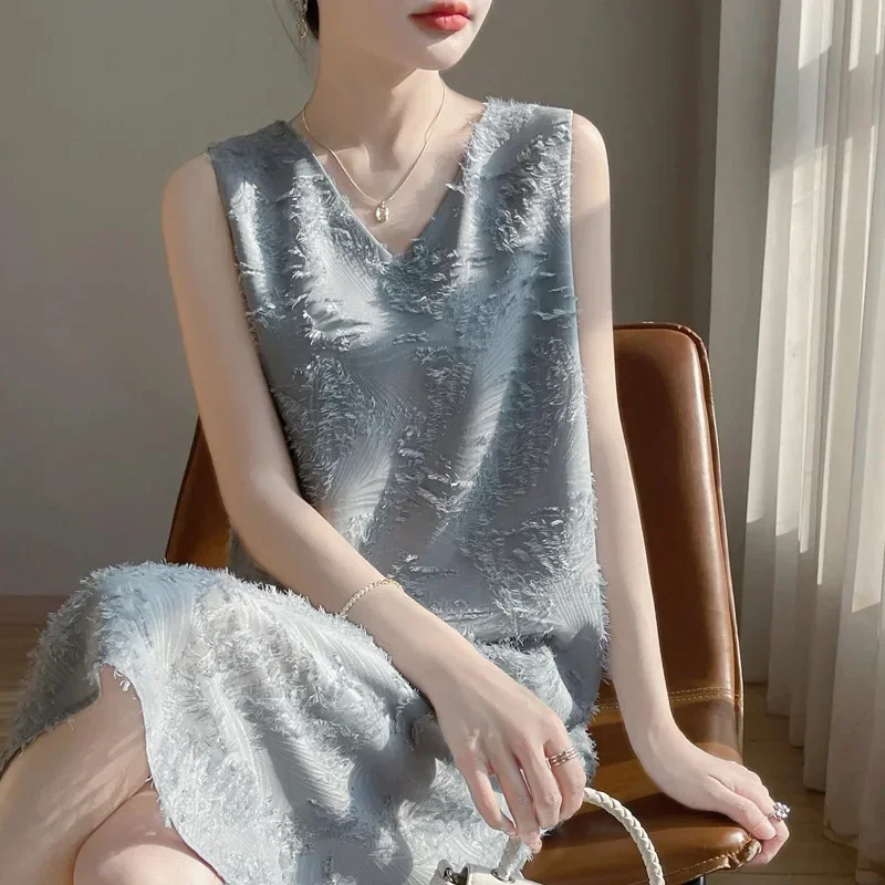 실크 새틴 V넥 롱 미디 스커트 슬리브리스 플로럴 컷아웃 여성 드레스 헤비 자수 무릎 길이 중국 패션