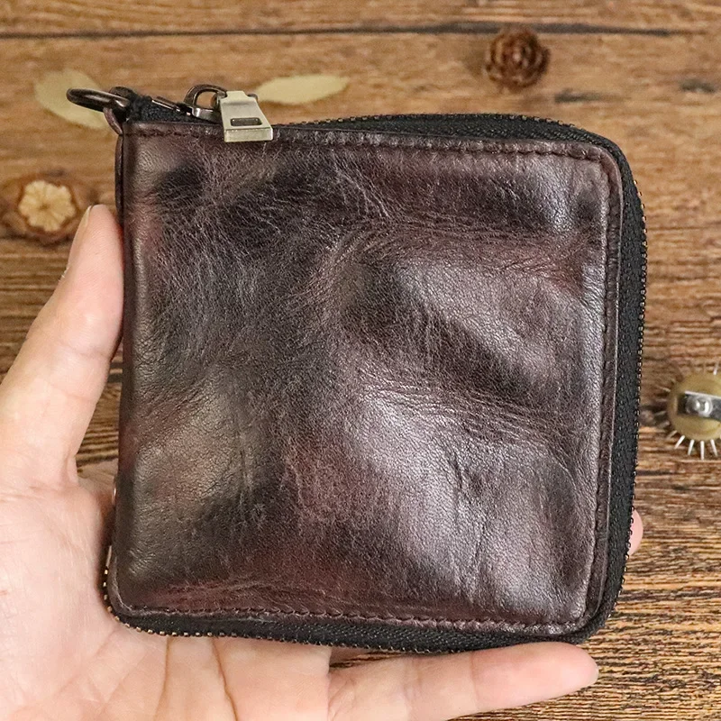 Carteira Curta Vintage para Homens Simples Couro Genuíno Macio Zíper Multifunção Bolsa de Moedas Masculina Couro Natural Pequena Bolsa de Dinheiro com Fecho de Troca e Carteira de Cartão