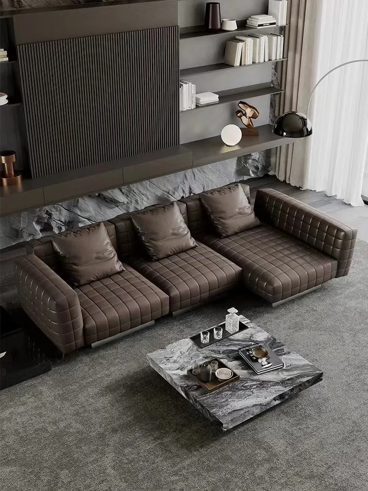 

Italian Designer Light Luxury And Minimalist Chessboard Sofa Villa High-end Modern Top Layer Cowhide Living Room Leather Sofa