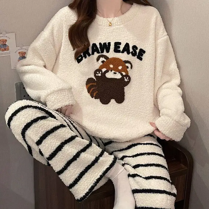 

coral fleece Women's pajamas winter thicken Comfortable Sleepwear fleece-lined half-pile Cotton Pajama Set cute homewear suit ﻿