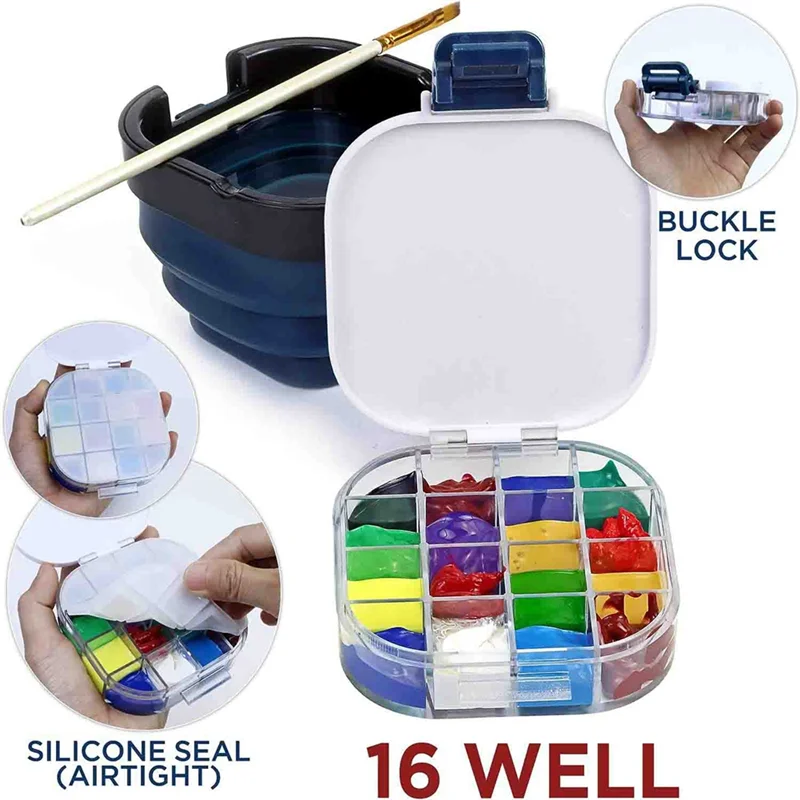 1 PCS Airtight Paint Saver Storage Palette Box 16-Well Palette Box With Lid Blue