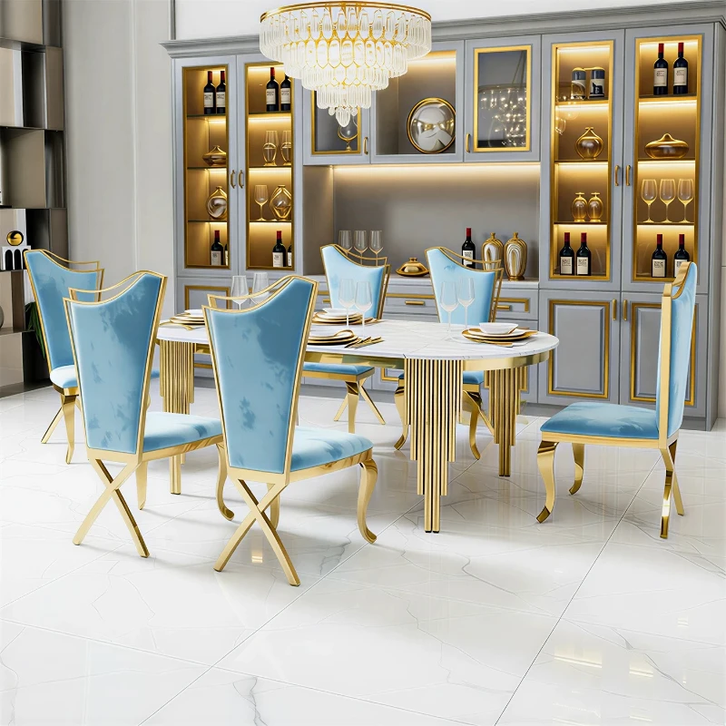 luxury Ellipses Marble Dining Room Gold Stainless steel Leg Seats 6-8 People Dining Table New Dining Table Set Home Furniture
