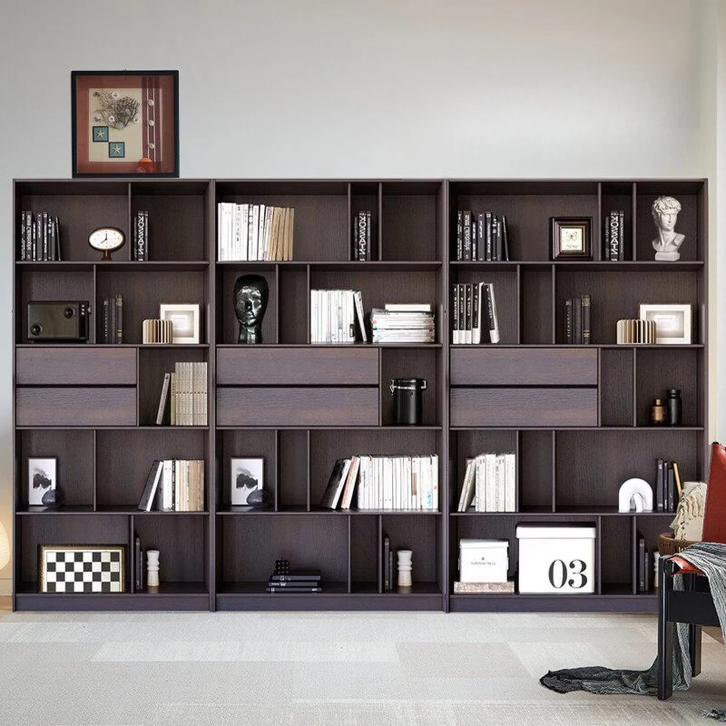 Oak floor-to-ceiling bookshelf, living room bookcase, black display case
