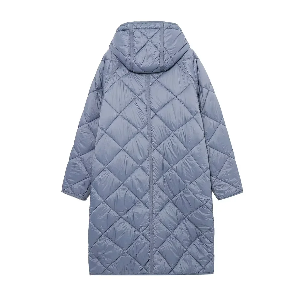 Cotton coat women\'s 2024 winter new blue diamond grid pocket decoration hooded long version cotton coat