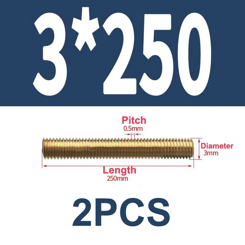 10Pcs/Lot M3X250MM Threaded Rod Brass Copper Screw 0.5 Pitch M3X0.5 250MM Tooth Bar Full Thread 0.5MM Pitch 3MM 250MM Screws New