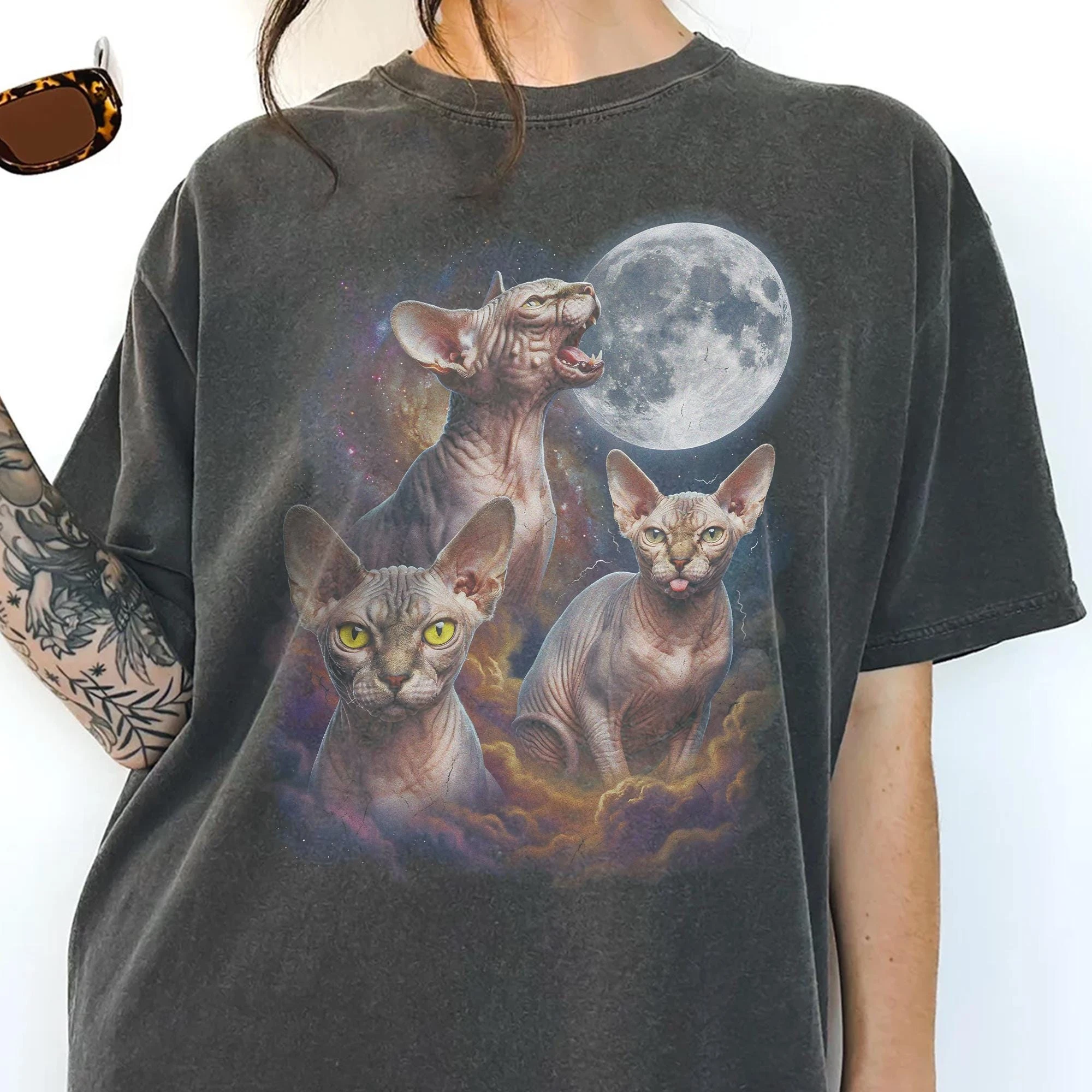 Three Sphynx Cat Moon Shirt, Vintage 90s Graphic Tee, Hairless Feline Lover Gift