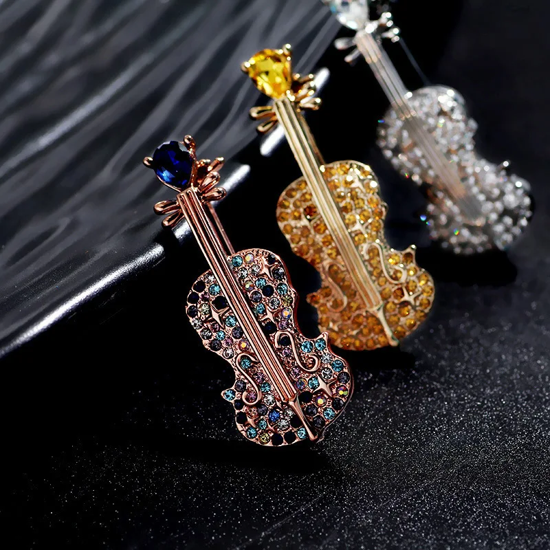 Fashion Crystal Violin Brooch Diamond-Studded Elegant Coat and Shirt Accessory Pin Gift Corsage