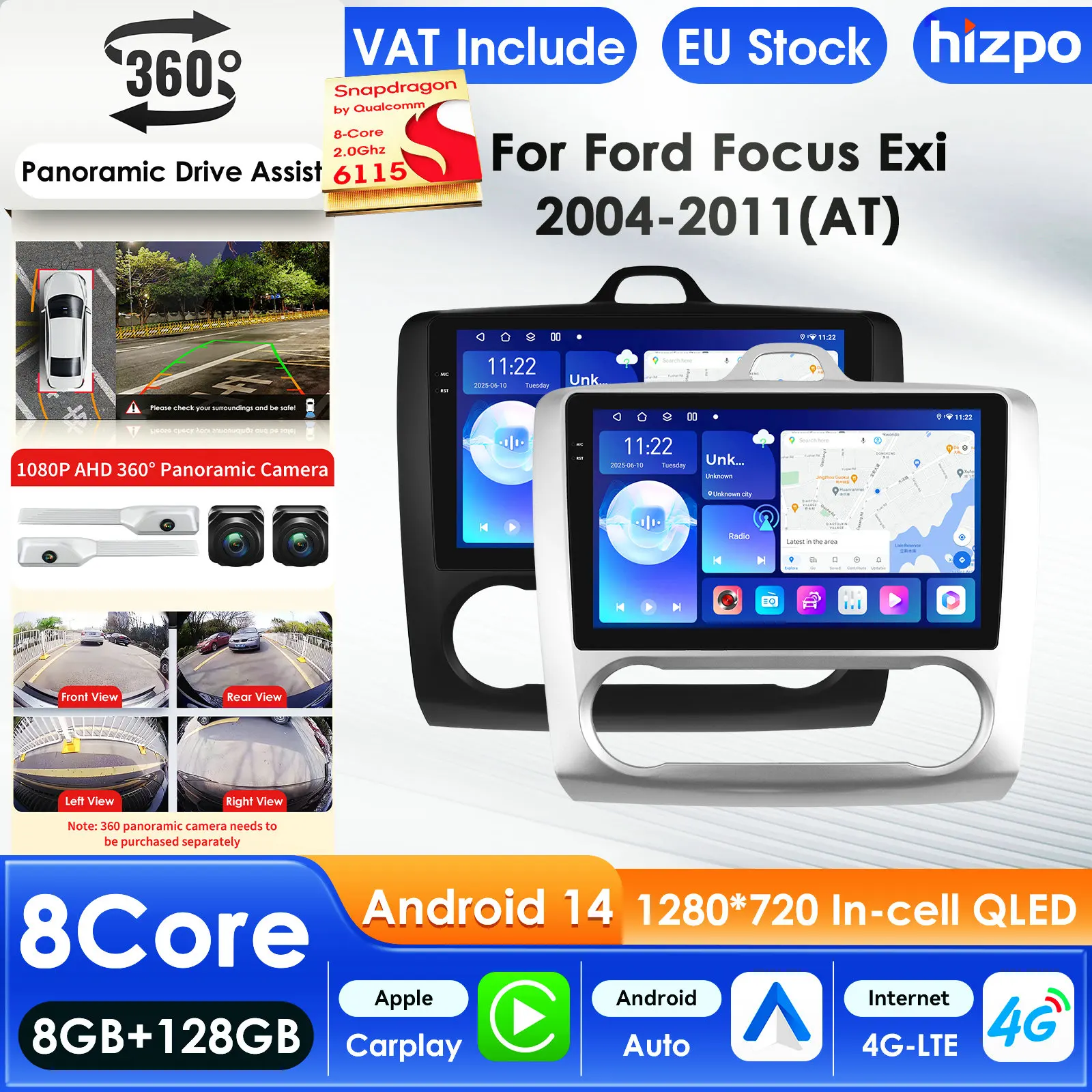 Hizpo 2 Din Carplay AI systèmes Android 14 autoradio pour Ford focus Exi 2004-2010 lecteur vidéo multimédia GPS Autoradio 360 CAM