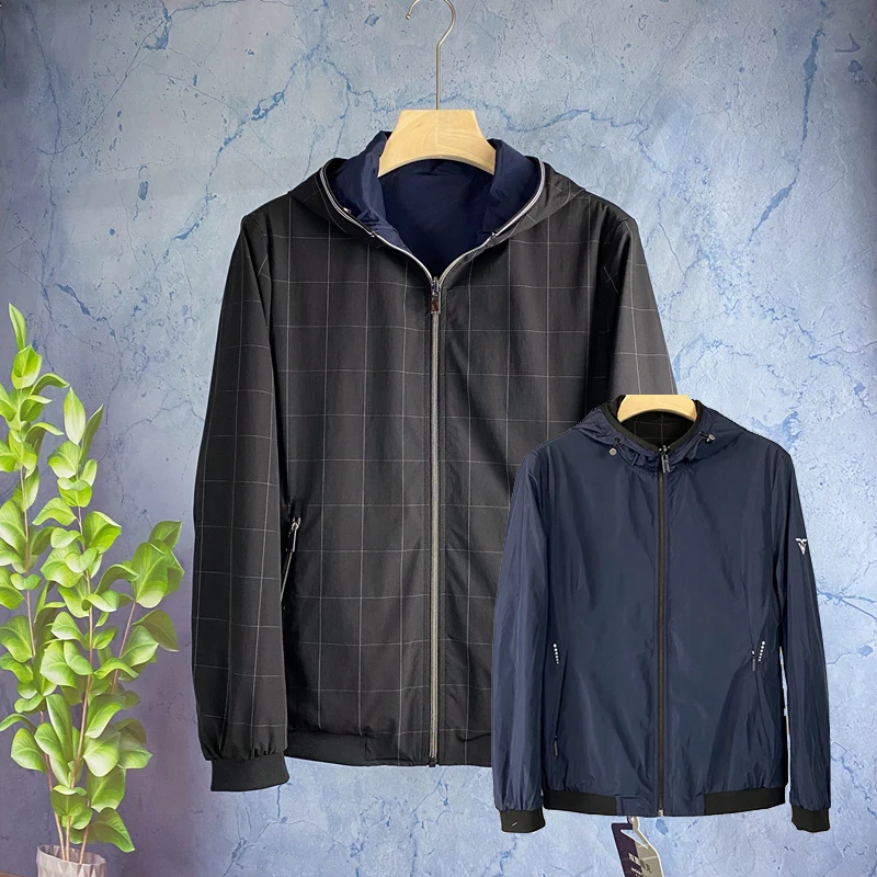 

Double-Sided Youthful Plaid Reflective Jaet Coat for Men Trendy Hat Jaet Zipper Sve Long Windproof Outerwear