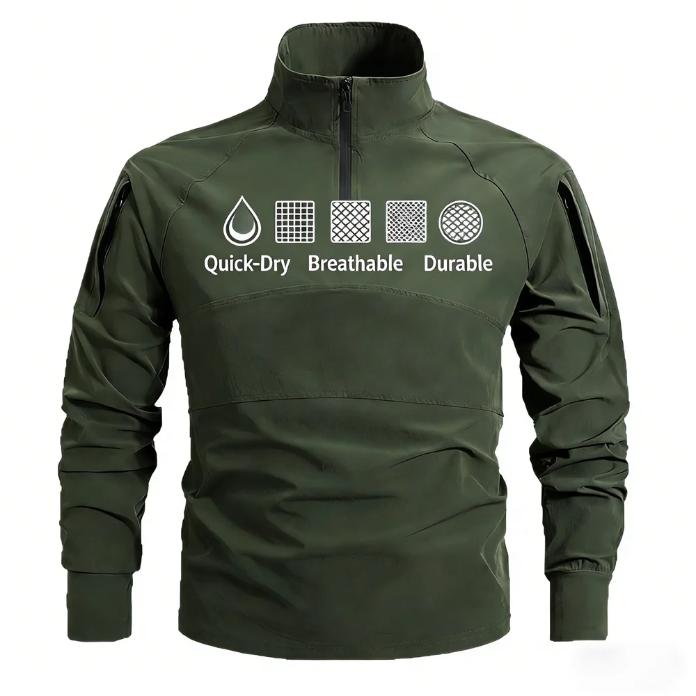 Spring Men Tactical Military Hiking T Shirt Outdoor Quick Dry Man Half Zip Stand Collar Breathable Long Sleeve Camping Pullover