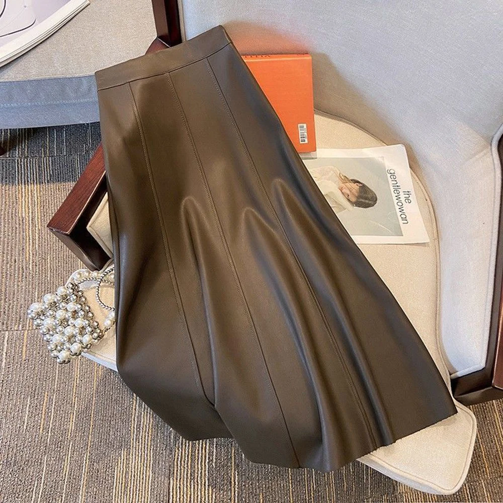 بلون بولي Leather جلد المرأة ميدي تنورة ألف خط منتصف العجل فستان عالية الخصر Pleather تنورة ريترو ستايل التنانير الشتاء التنقل اليومي