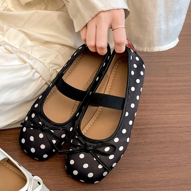 

Elastic Band Shoes Ladies Eelgant Soft Sole Dress Mary Jane Shoes Spring Butterfly-knot Women Dot Ballet Flats Comfort Shallow