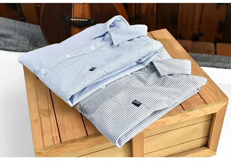 

Harajuku Mens Striped Shirt Long Sleeve Spring Summer Daily Casual Shirts Lapel Pure Cotton Loose Shirts Male Comfort Clothing