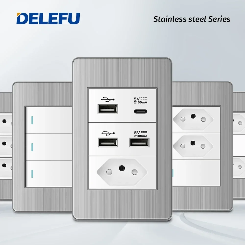 

Панель из нержавеющей стали DELEFU, розетка стандарта Бразилии, двойная розетка USB Type-C, розетка для офиса, 4*2, белая, 10 А, 20 А