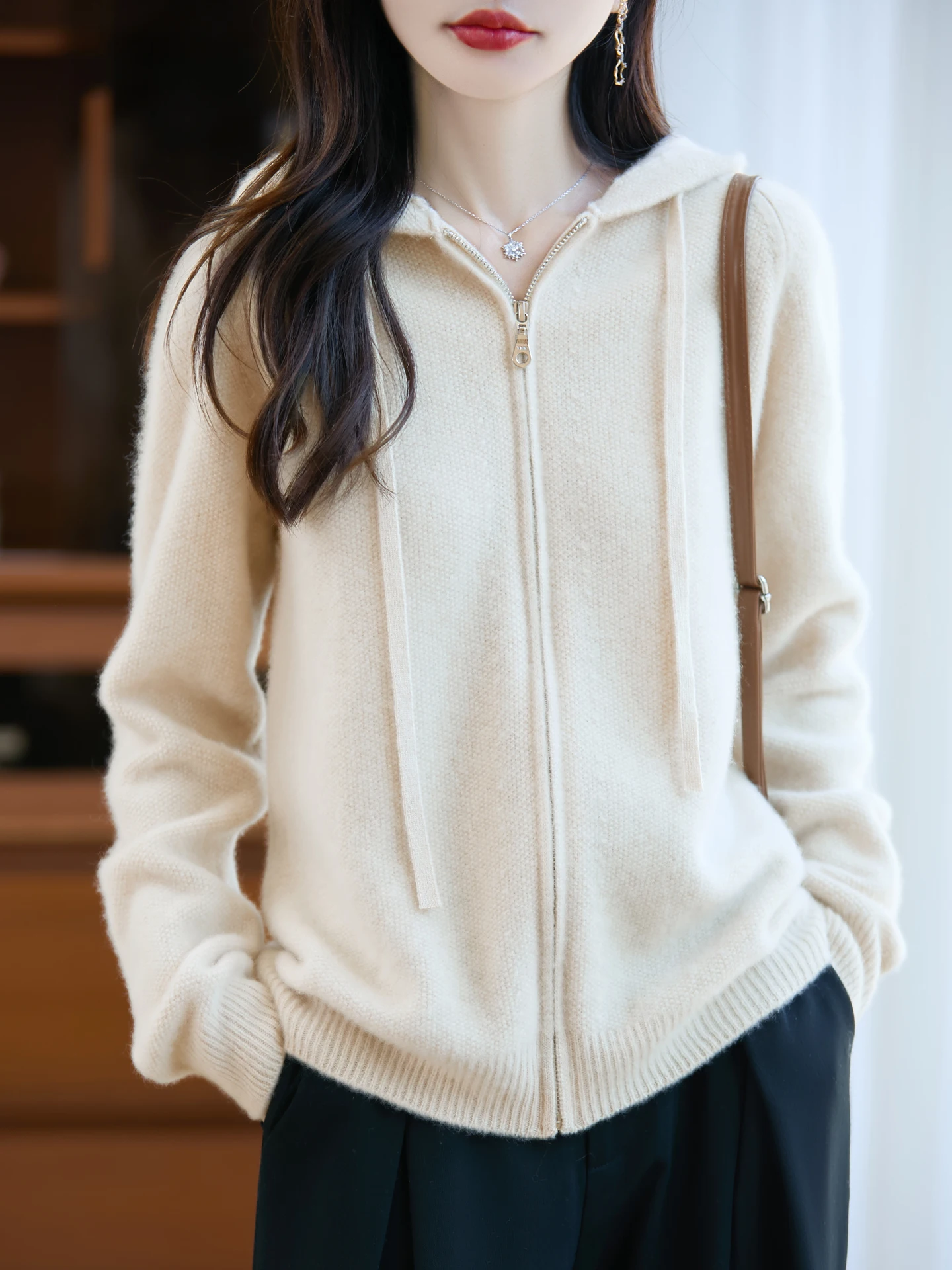 

100% Pure Wool Cardigan Sweater Women New Hooded Zipper Soild Loose Versatile Basic Cashmere Knit Coat Autumn Winter Thick Warm