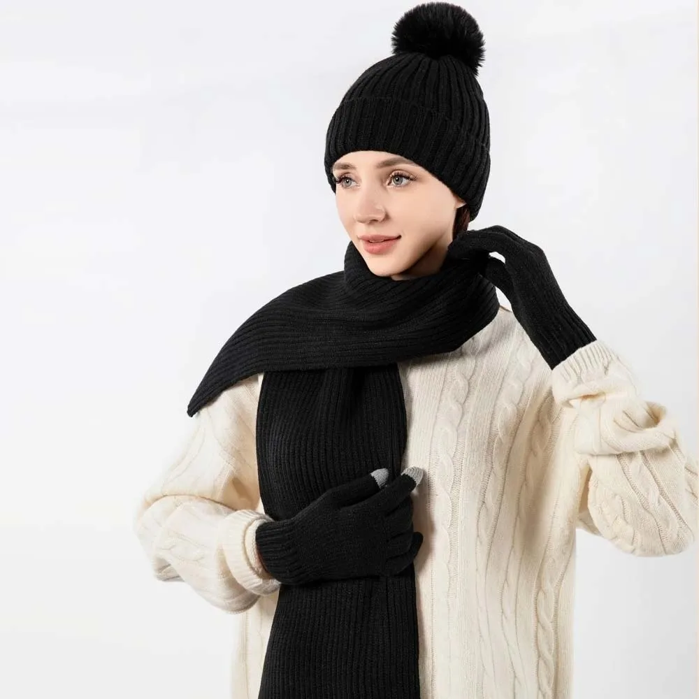 Fashion Elastic Scarf and Hat Set Touch Screen Soft Woolen Hat Thickened Plush Ball Pullover Cap Women