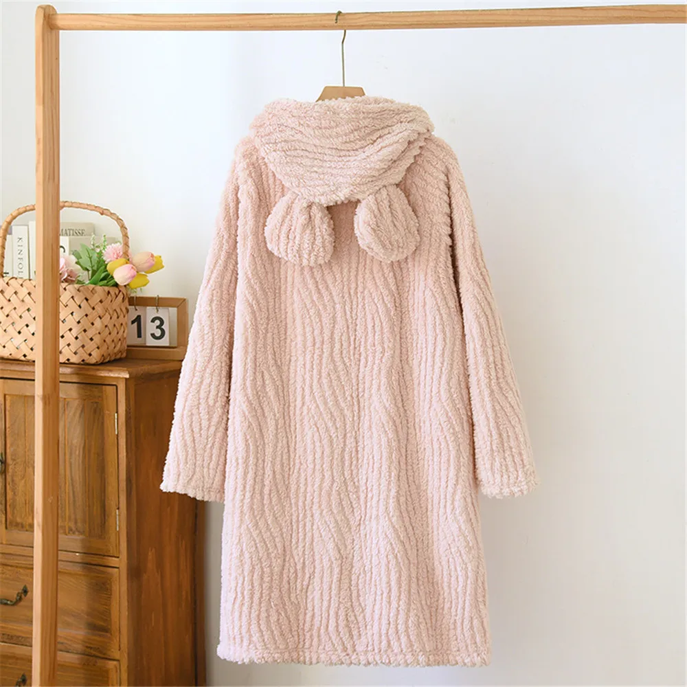 Autumn Winter Hooded Thick Bathrobe Women Coral Fleece Button Sleepwear Robe Female Dressing Gowns Loose Flannel Robes 5