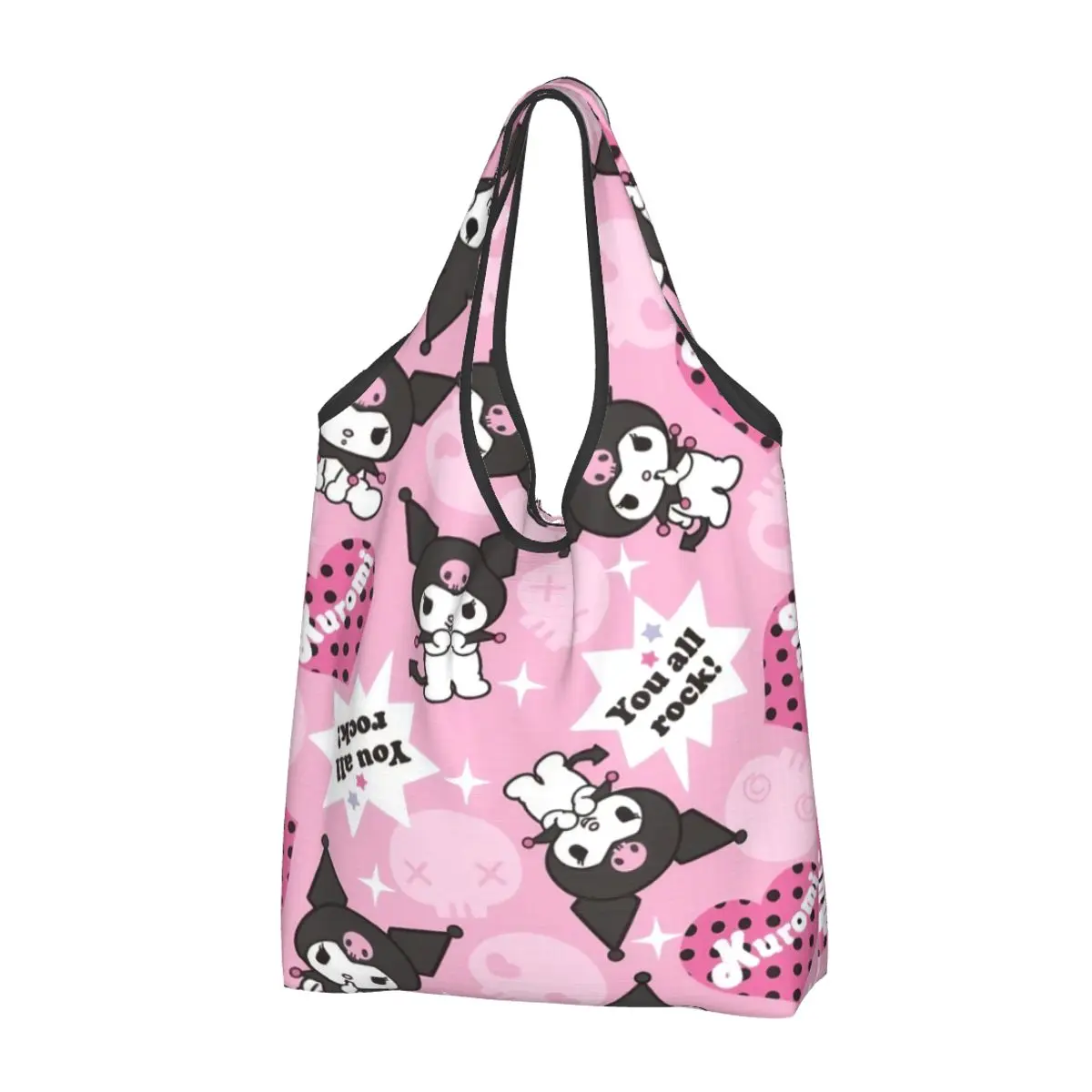 

Большие многоразовые сумки Kuromi Pink с героями мультфильмов Sanrio Kawaii, сумки для продуктов, складная сумка для покупок, моющаяся, легкая