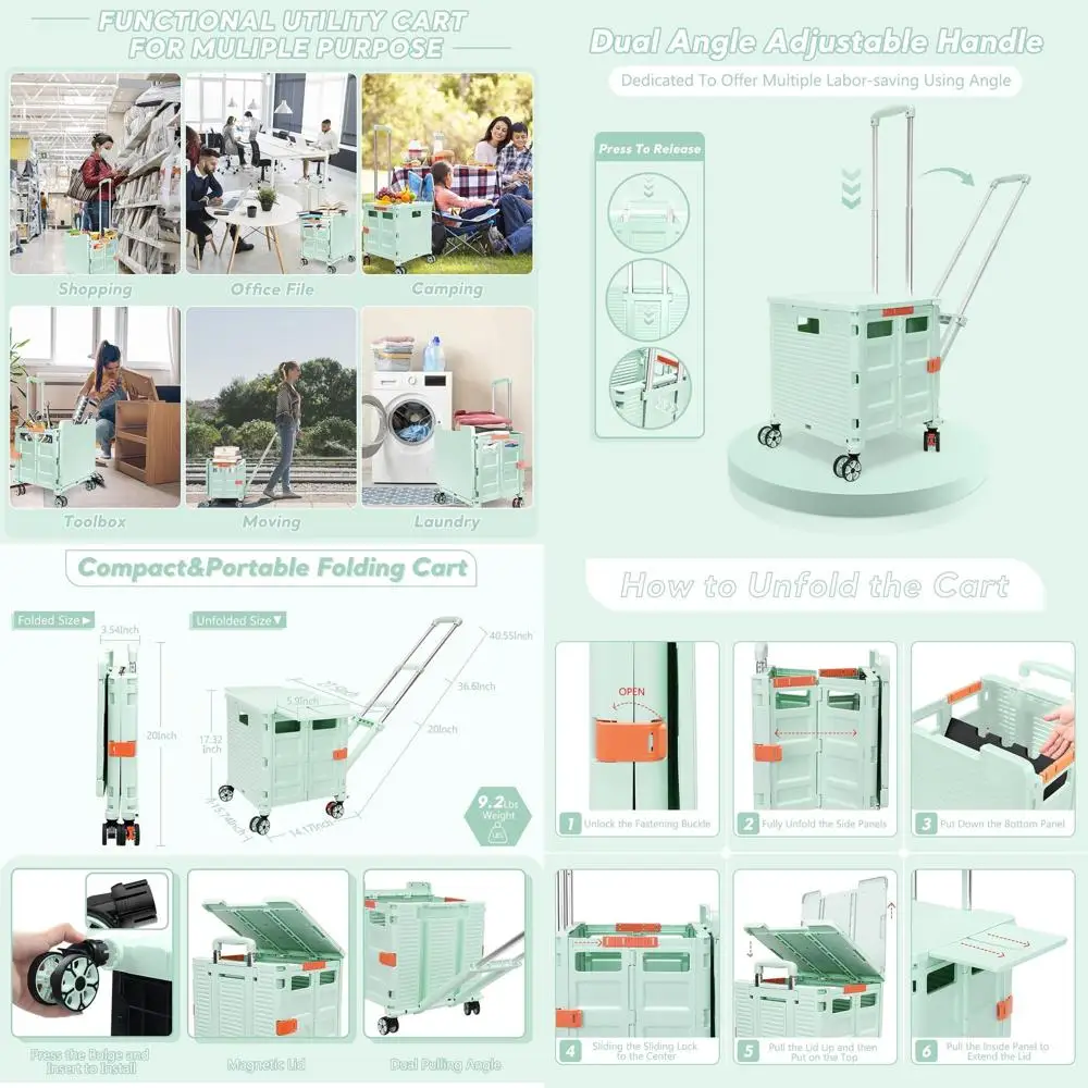 

Adjustable Rolling Cart with Extendable Handle, Rotating Wheels, and Magnetic Lid for Grocery Shopping and Office Use (Green)