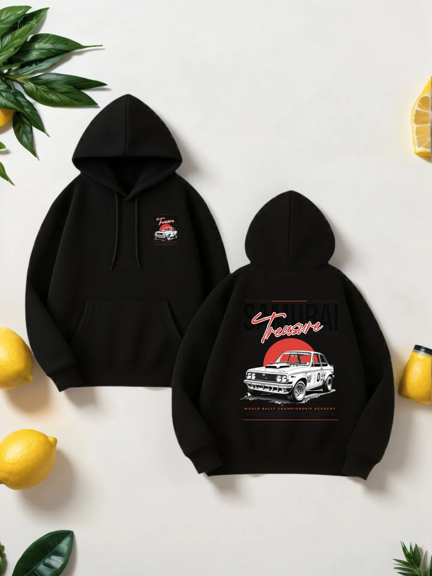 Men's Hoodie, Samurai Car Graphic Print, Streetwear Style, Fleece Lined, For Men, For Everyday Wear
